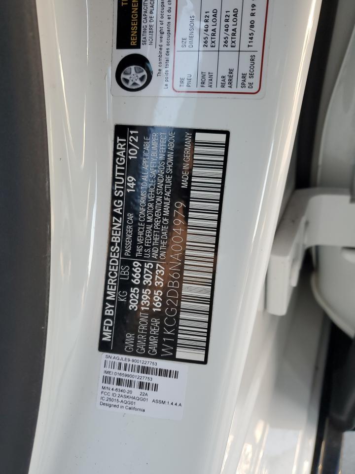 2022 MERCEDES-BENZ EQS SEDAN 450+ VIN:W1KCG2DB6NA004979