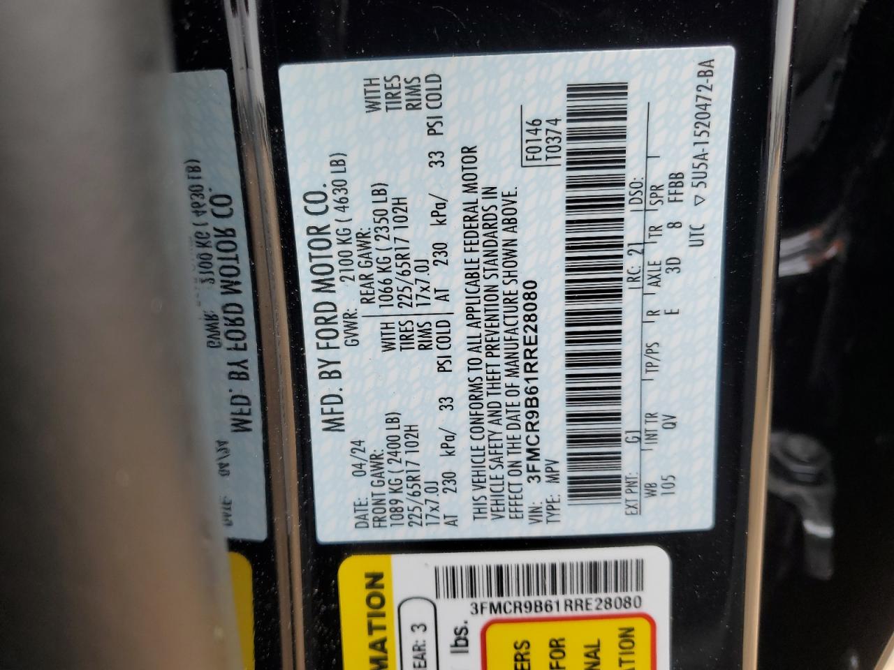 2024 FORD BRONCO SPORT BIG BEND VIN:3FMCR9B61RRE28080