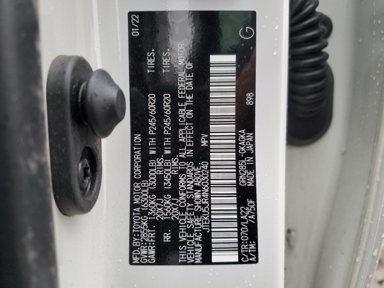 2022 TOYOTA 4RUNNER LIMITED VIN:JTEKU5JR4N6030240