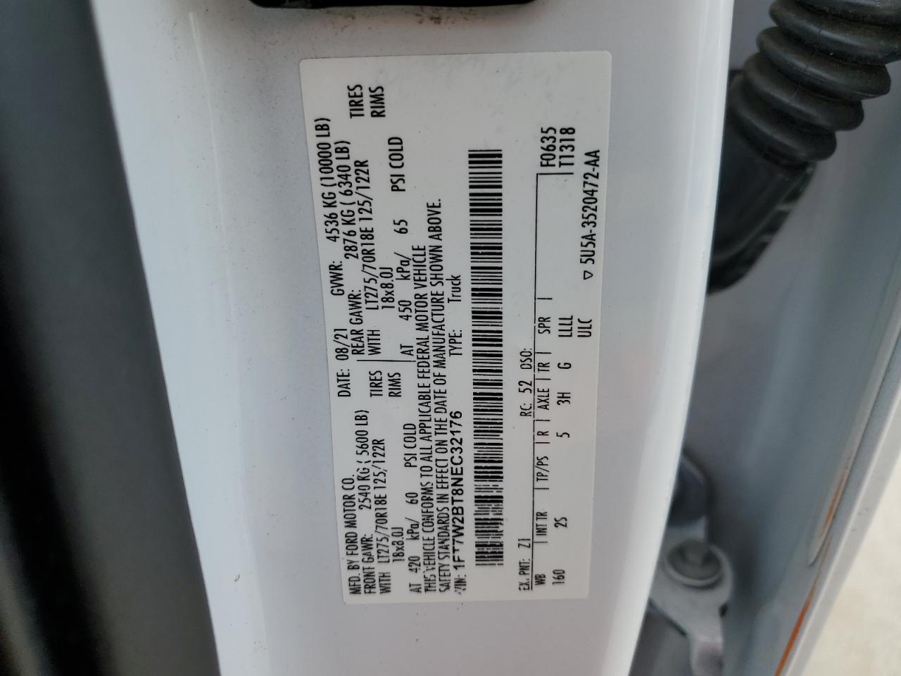 2022 FORD F250 SUPER DUTY VIN:1FT7W2BT8NEC32176