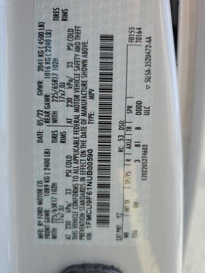 2022 FORD ESCAPE S VIN:1FMCU9F61NUB00590