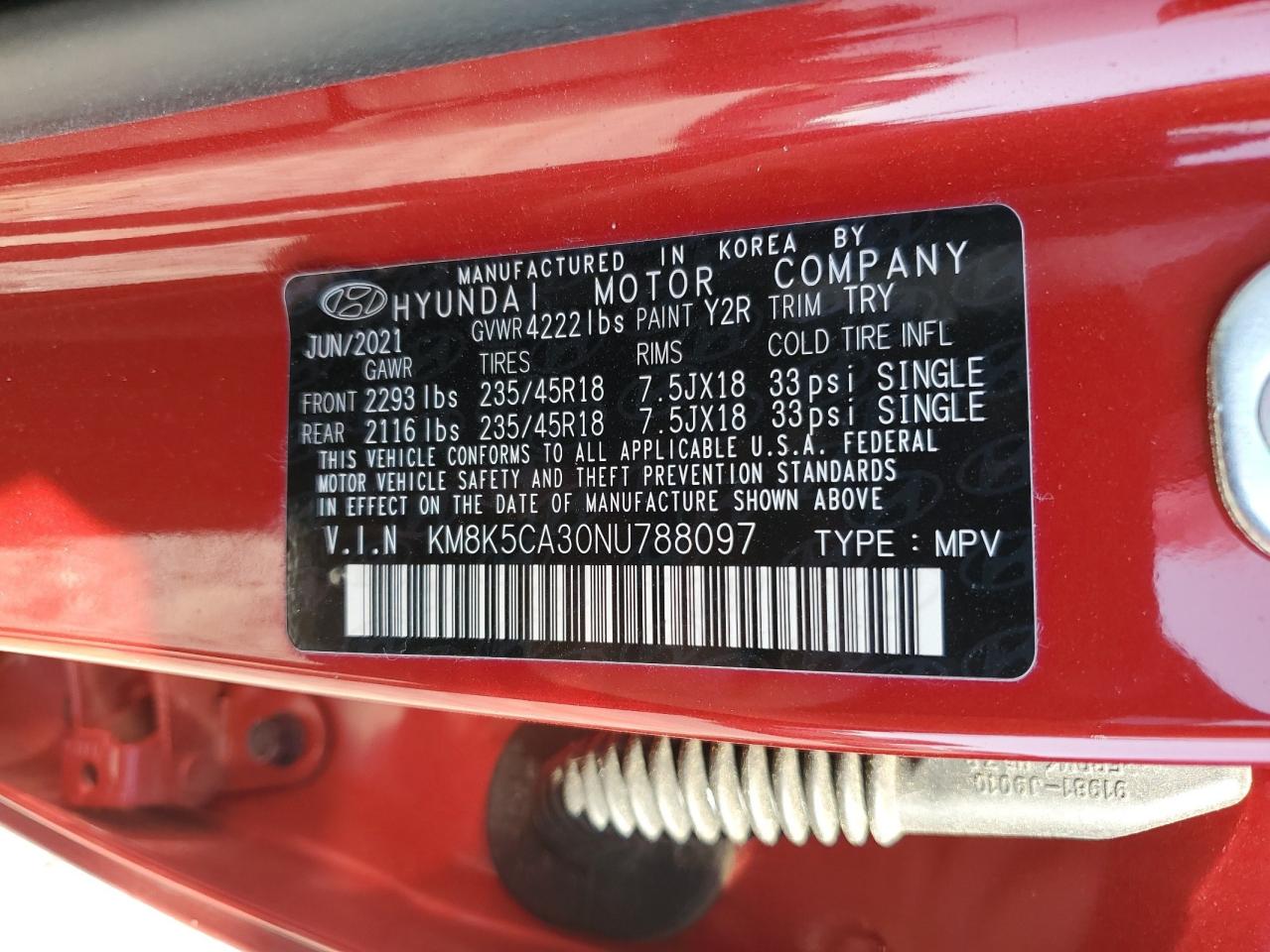 2022 HYUNDAI KONA LIMITED VIN:KM8K5CA30NU788097