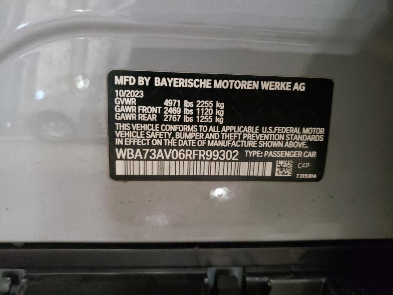 2024 BMW 430XI GRAN COUPE VIN:WBA73AV06RFR99302