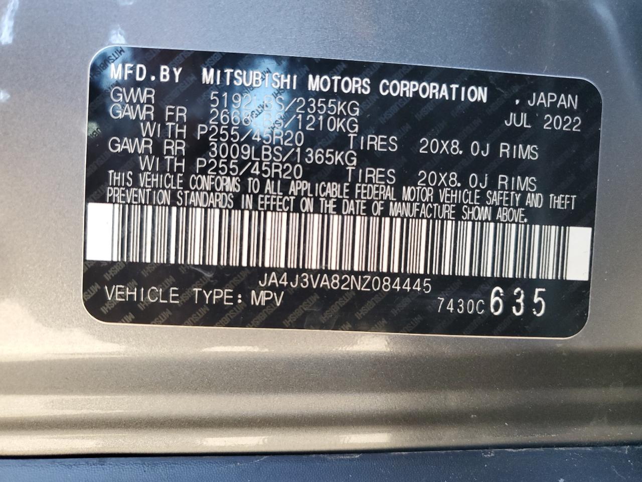 2022 MITSUBISHI OUTLANDER SEL VIN:JA4J3VA82NZ084445