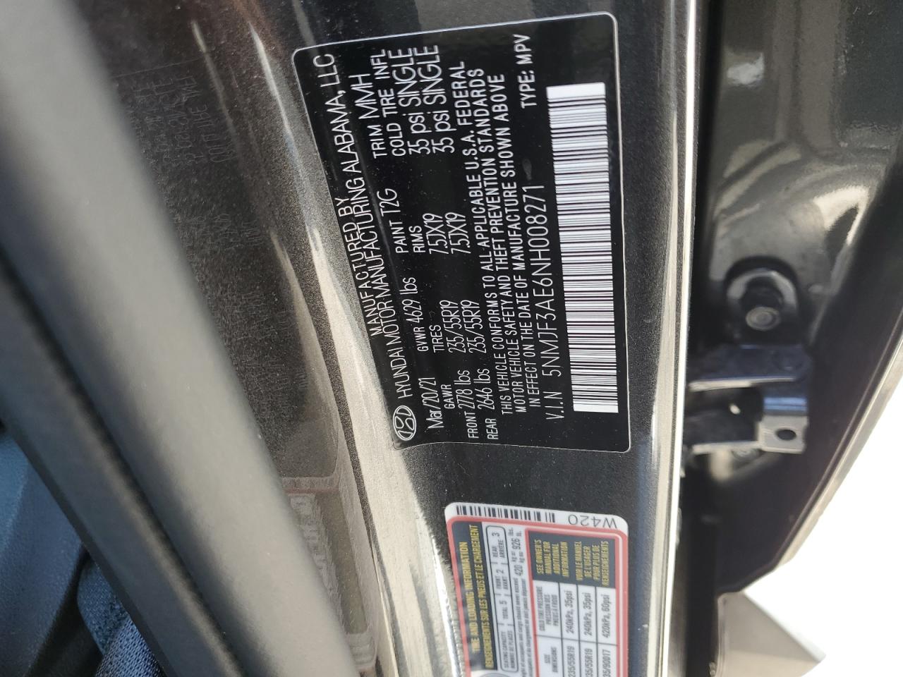 2022 HYUNDAI TUCSON SEL VIN:5NMJF3AE6NH008271