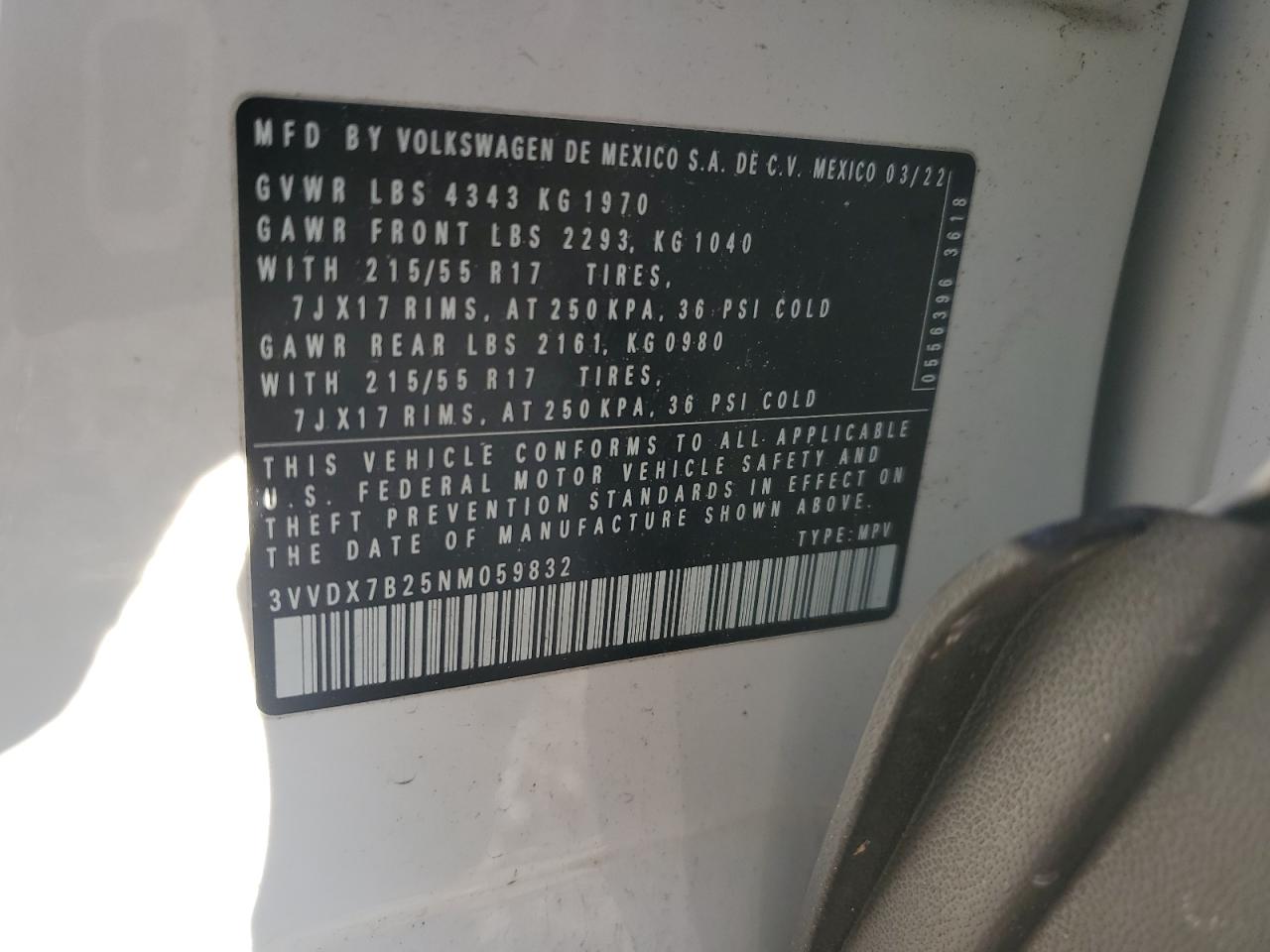 2022 VOLKSWAGEN TAOS S VIN:3VVDX7B25NM059832