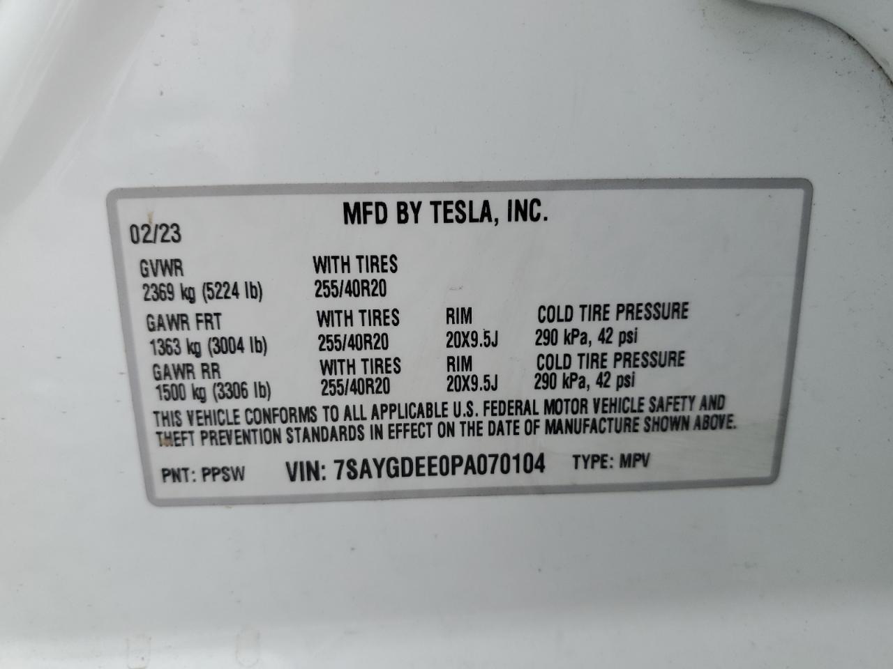 2023 TESLA MODEL Y  VIN:7SAYGDEE0PA070104