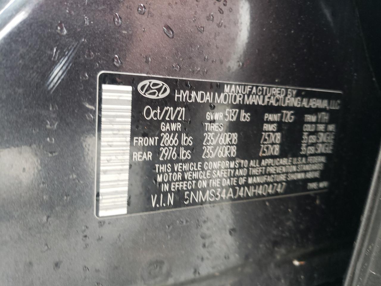2022 HYUNDAI SANTA FE SEL VIN:5NMS34AJ4NH404747
