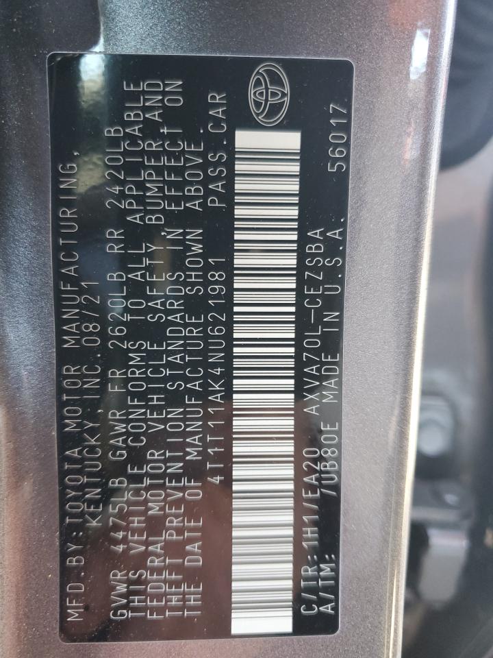 2022 TOYOTA CAMRY SE VIN:4T1T11AK4NU621981