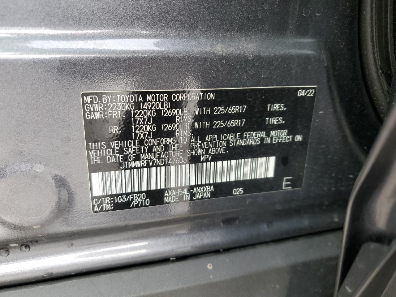 2022 TOYOTA RAV4 LE VIN:JTMMWRFV7ND147603
