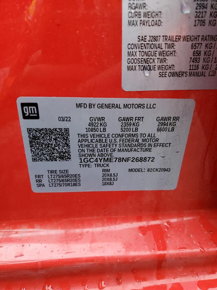 2022 CHEVROLET SILVERADO K2500 CUSTOM VIN:1GC4YME78NF268872