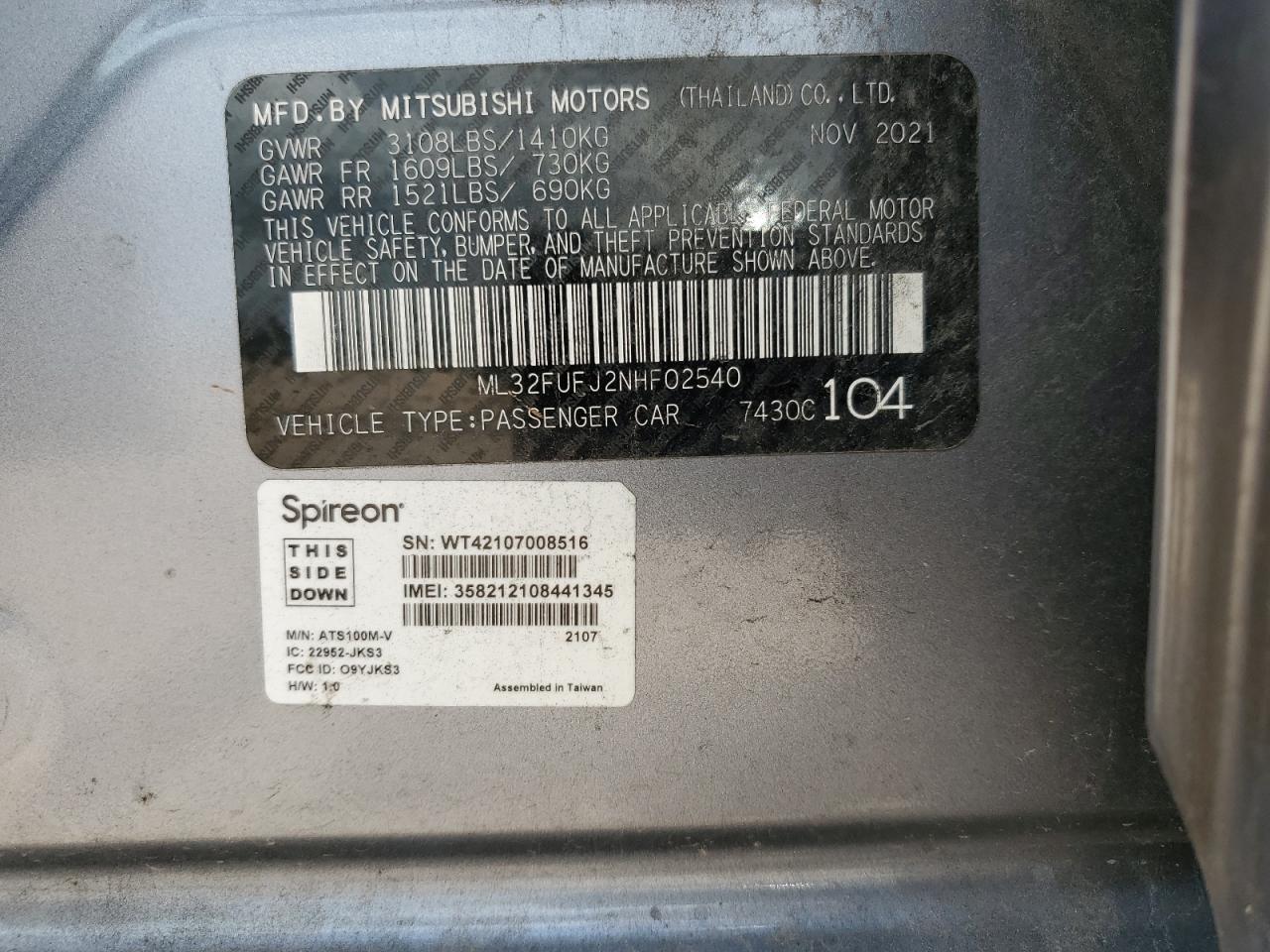 2022 MITSUBISHI MIRAGE G4 ES VIN:ML32FUFJ2NHF02540