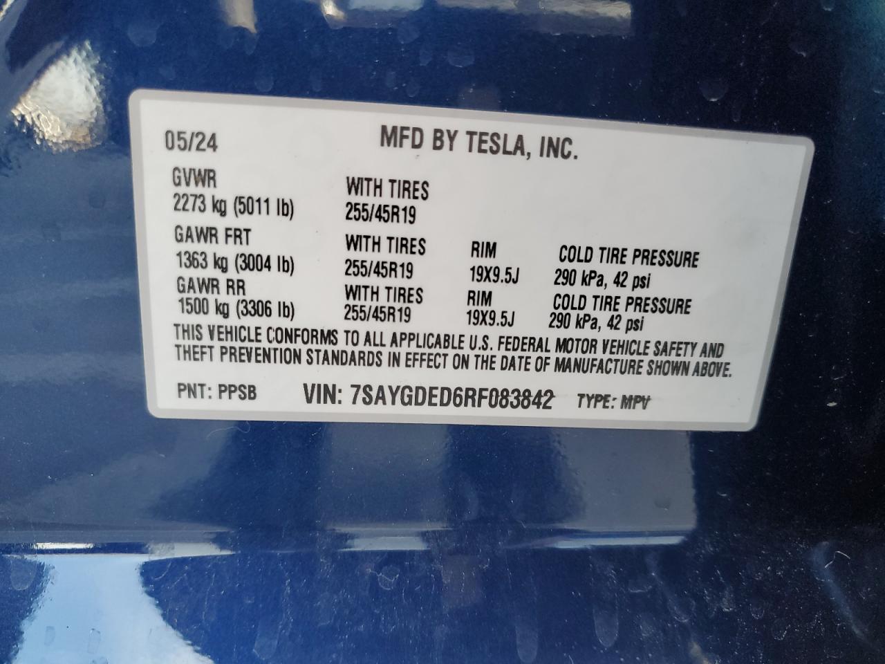 2024 TESLA MODEL Y  VIN:7SAYGDED6RF083842