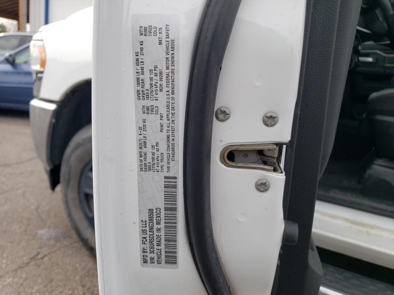 2022 RAM 2500 BIG HORN/LONE STAR VIN:3C6UR5DL8NG386508