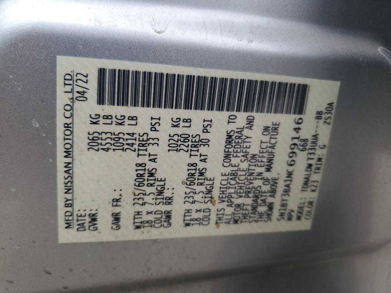 2022 NISSAN ROGUE SV VIN:5N1BT3BA1NC699146