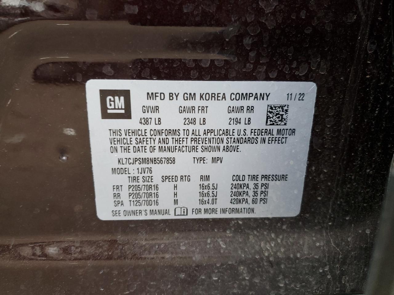 2022 CHEVROLET TRAX 1LT VIN:KL7CJPSM8NB567858