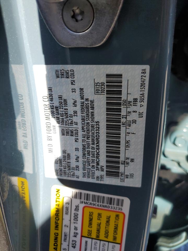 2022 FORD BRONCO SPORT OUTER BANKS VIN:3FMCR9C6XNRD33235
