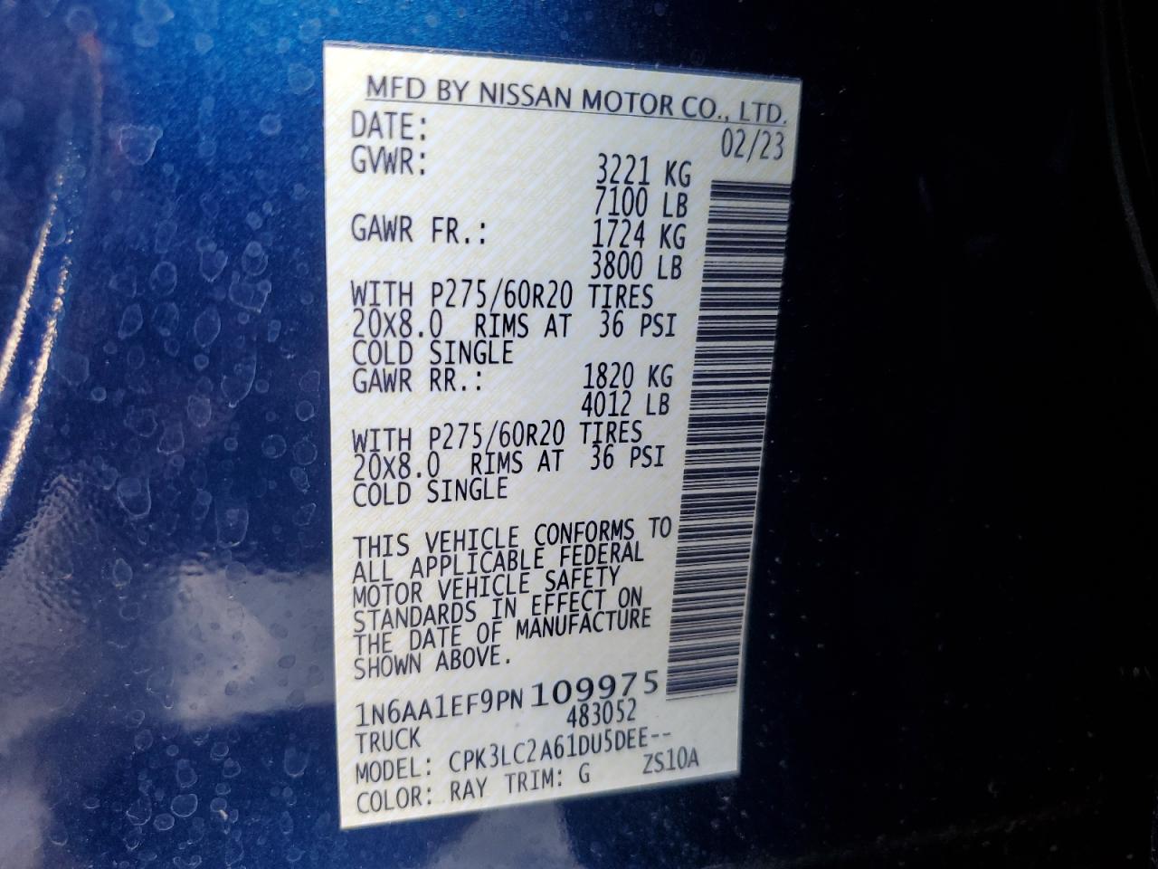 2023 NISSAN TITAN SV VIN:1N6AA1EF9PN109975