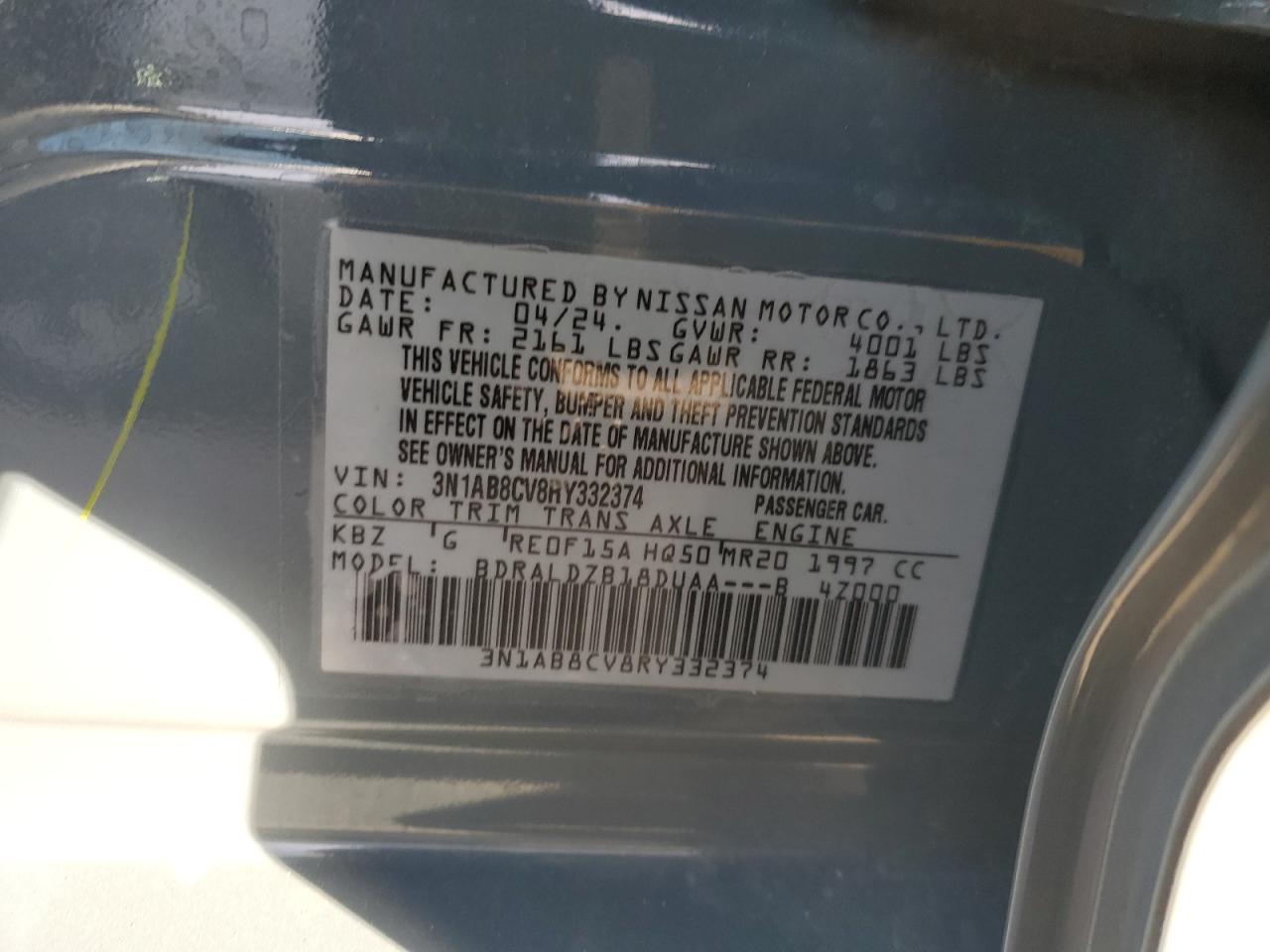 2024 NISSAN SENTRA SV VIN:3N1AB8CV8RY332374