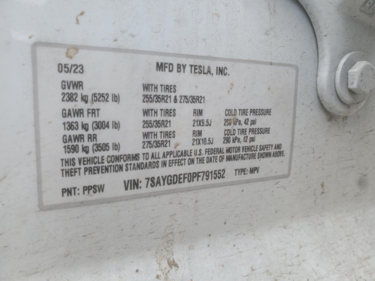 2023 TESLA MODEL Y  VIN:7SAYGDEF0PF791552