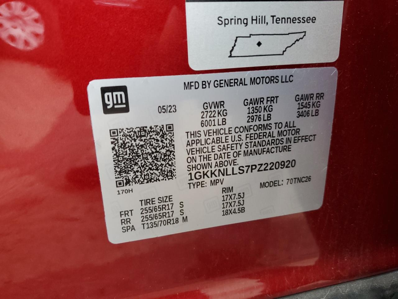 2023 GMC ACADIA AT4 VIN:1GKKNLLS7PZ220920