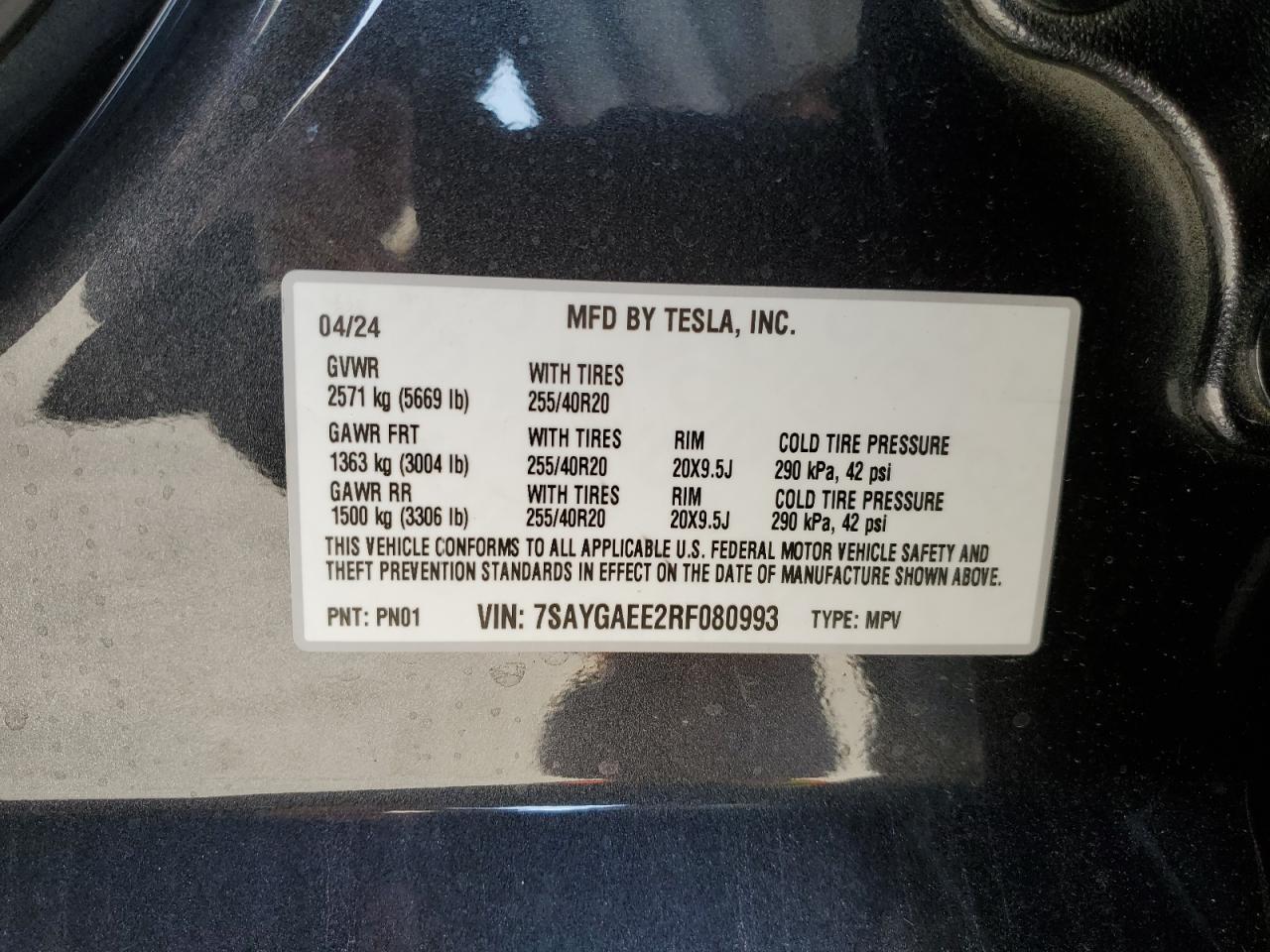 2024 TESLA MODEL Y  VIN:7SAYGAEE2RF080993