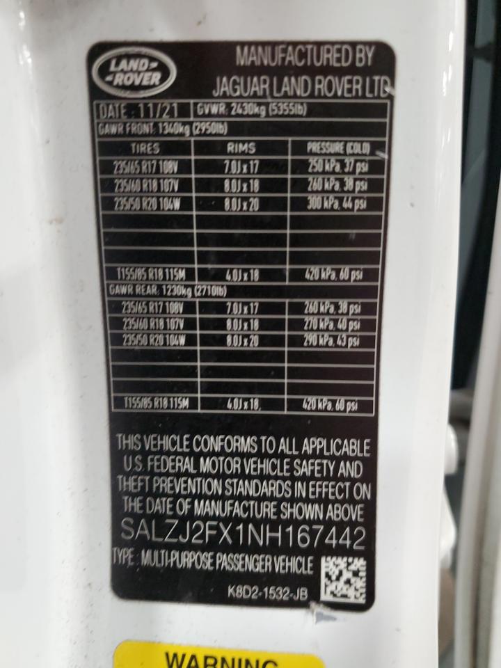 2022 LAND ROVER RANGE ROVER EVOQUE S VIN:SALZJ2FX1NH167442