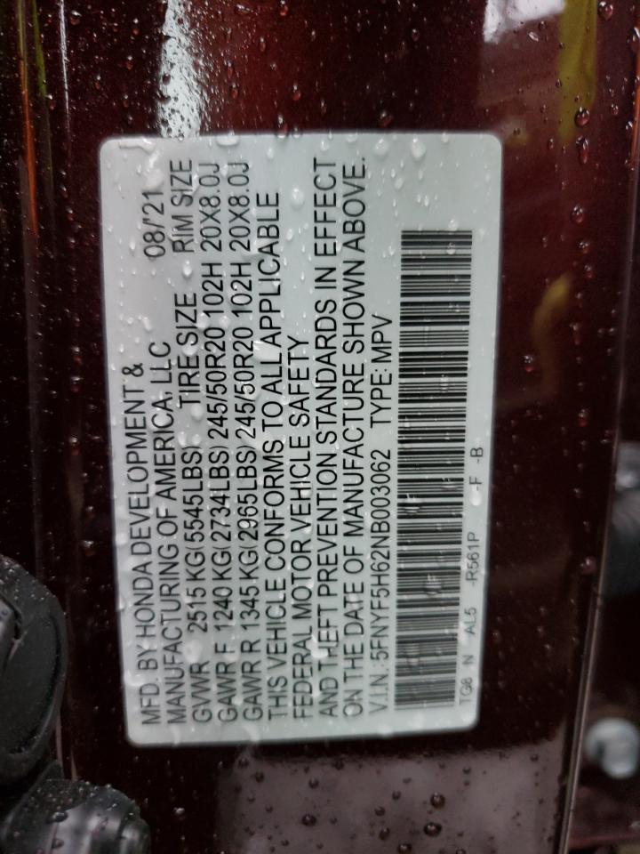 2022 HONDA PILOT TOURING VIN:5FNYF5H62NB003062