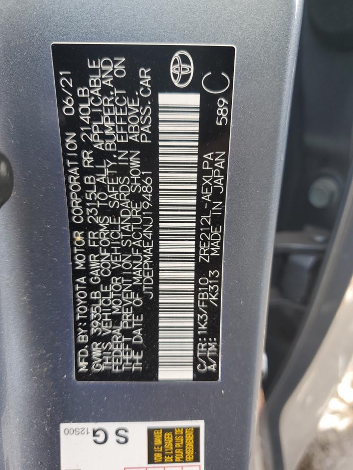 2022 TOYOTA COROLLA LE VIN:JTDEPMAE4NJ194861