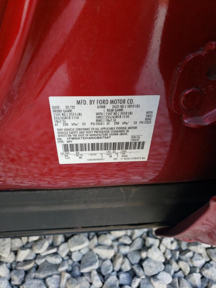 2022 FORD EXPLORER XLT VIN:1FMSK7DH4NGB67547