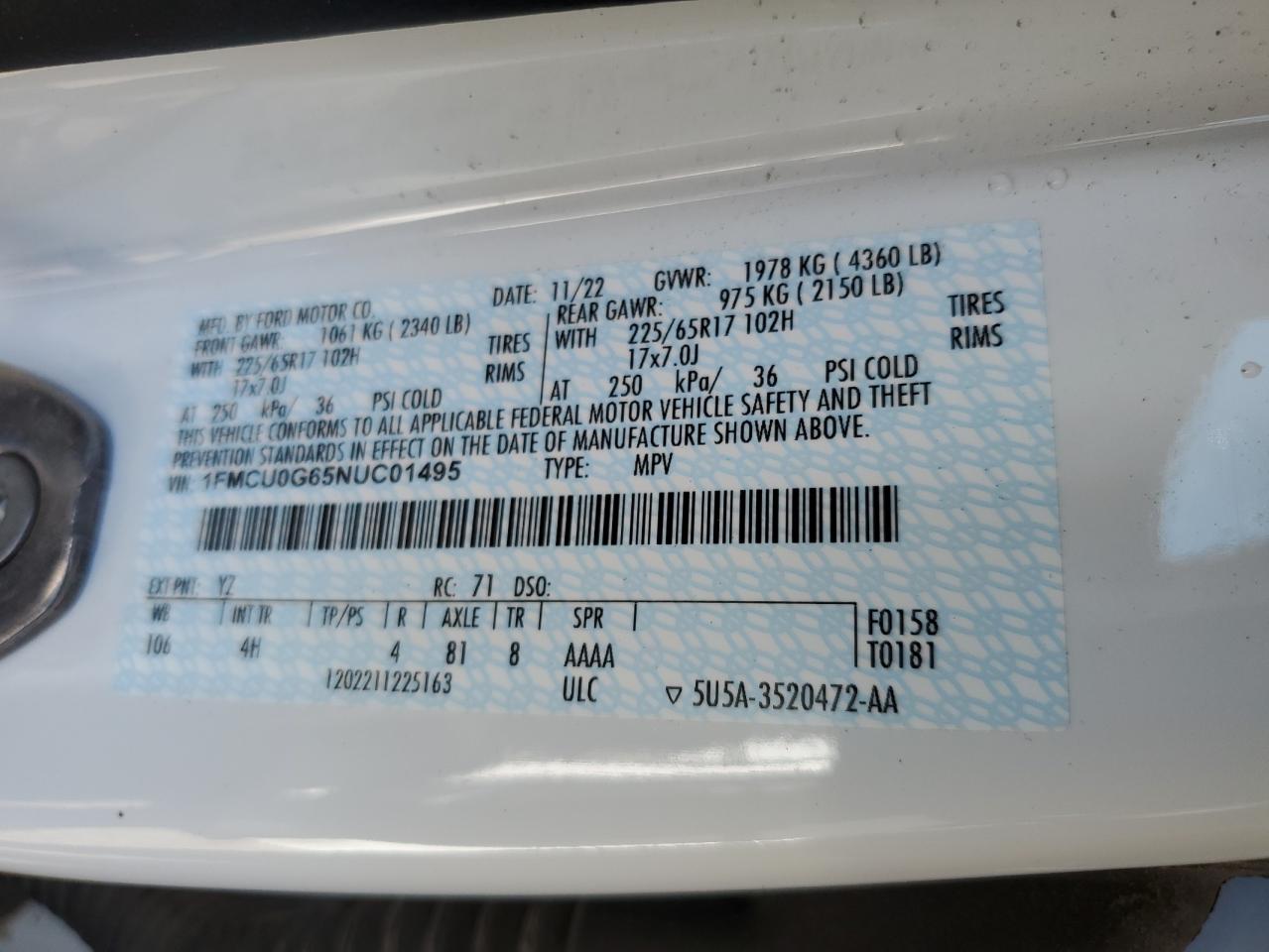 2022 FORD ESCAPE SE VIN:1FMCU0G65NUC01495