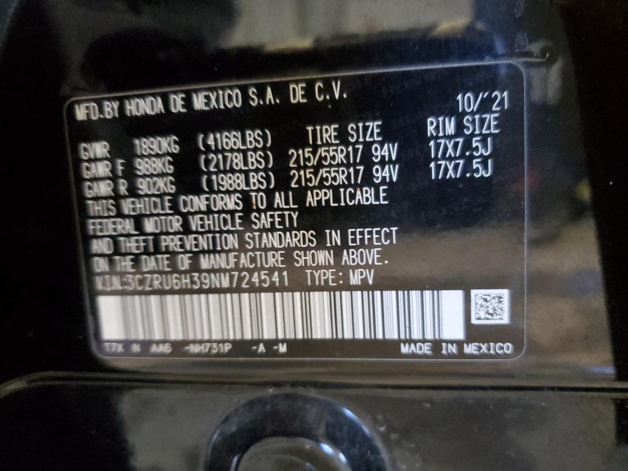 2022 HONDA HR-V LX VIN:3CZRU6H39NM724541
