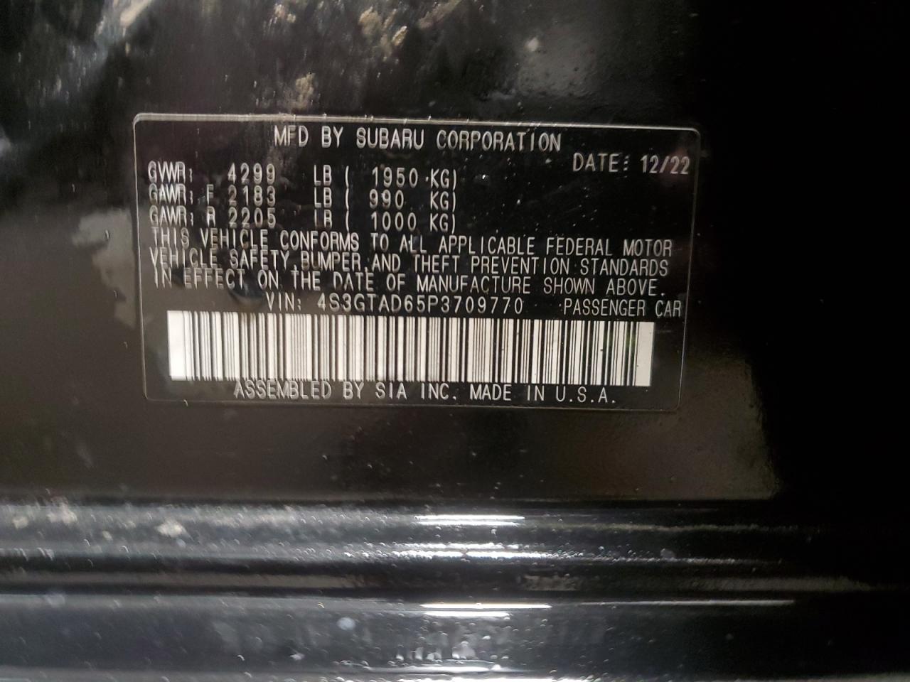 2023 SUBARU IMPREZA PREMIUM VIN:4S3GTAD65P3709770