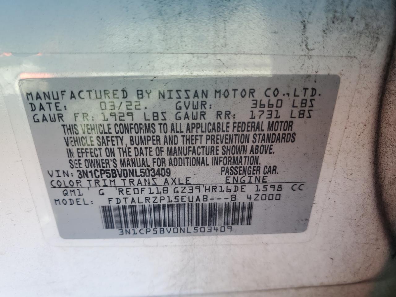2022 NISSAN KICKS S VIN:3N1CP5BV0NL503409