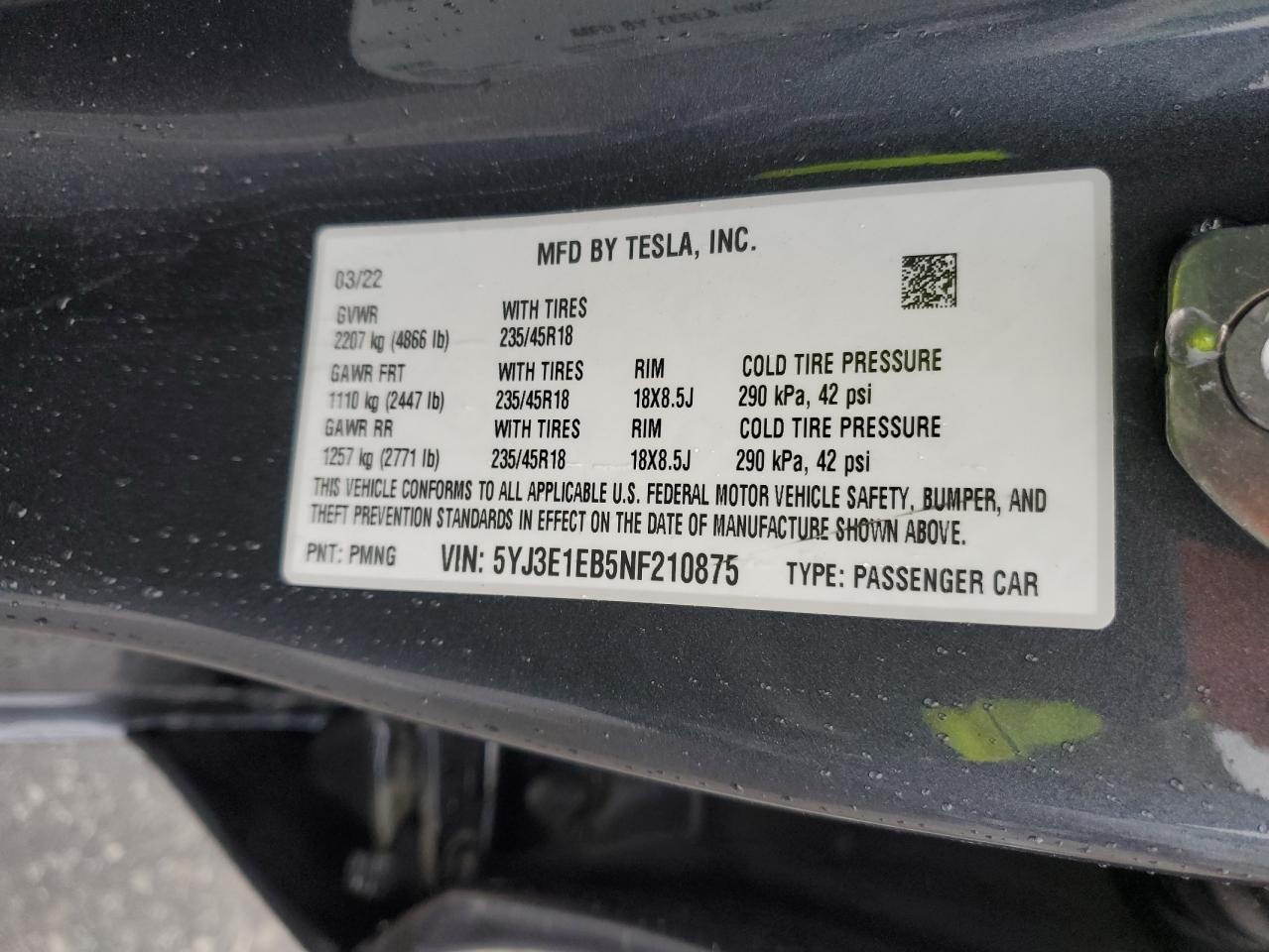 2022 TESLA MODEL 3  VIN:5YJ3E1EB5NF210875