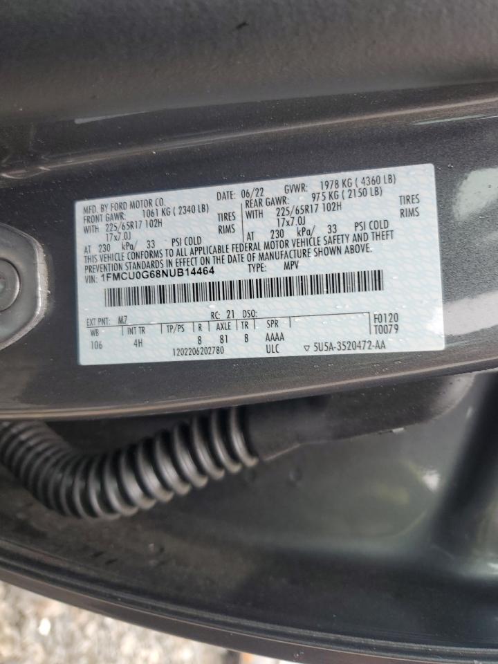 2022 FORD ESCAPE SE VIN:1FMCU0G68NUB14464