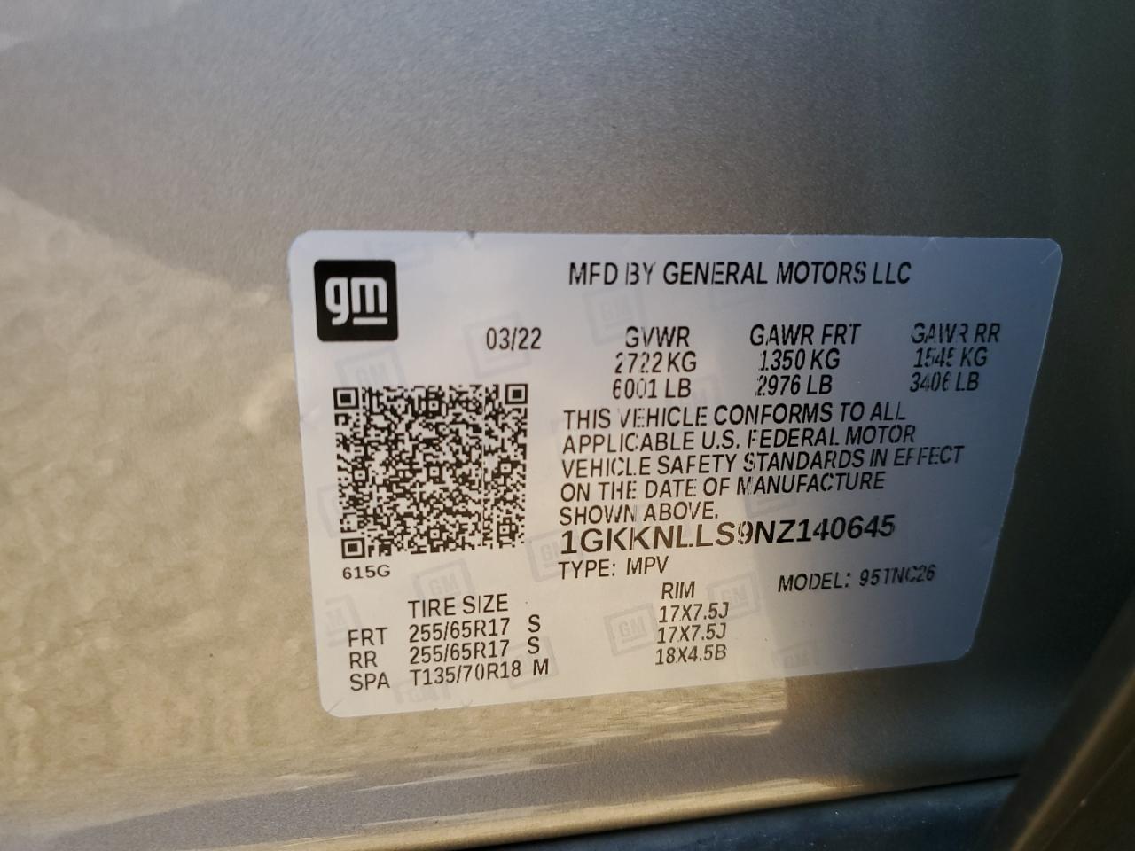 2022 GMC ACADIA AT4 VIN:1GKKNLLS9NZ140645