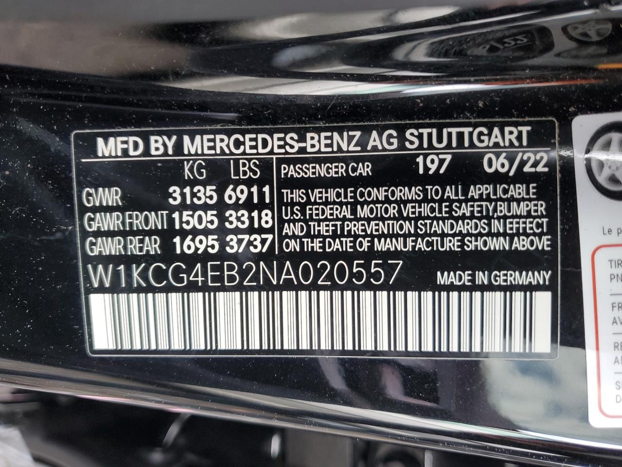 2022 MERCEDES-BENZ EQS SEDAN 580 4MATIC VIN:W1KCG4EB2NA020557