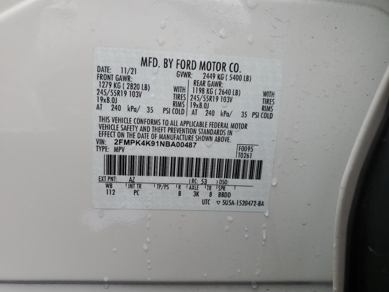 2022 FORD EDGE TITANIUM VIN:2FMPK4K91NBA00487