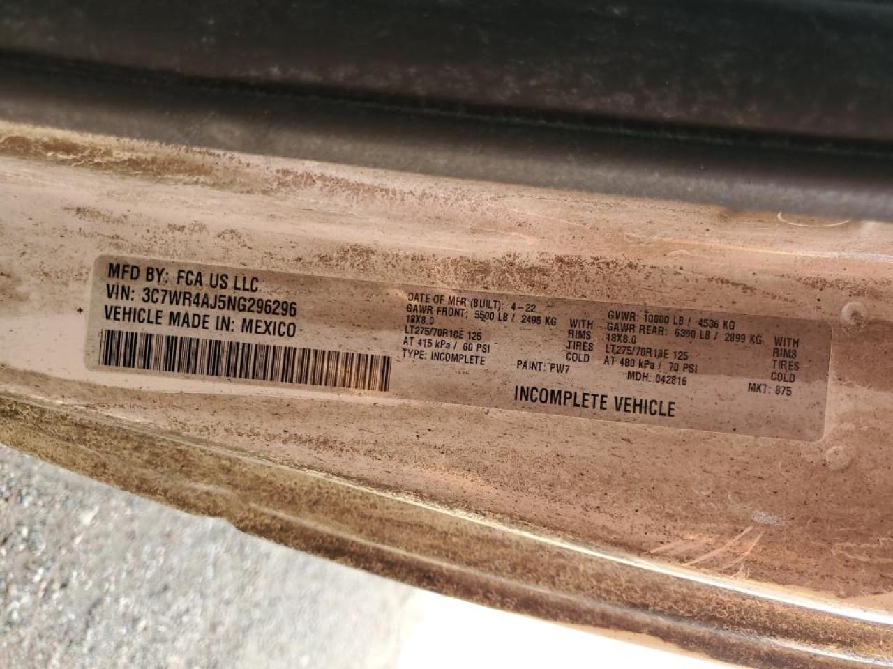 2022 RAM 2500 TRADESMAN VIN:3C7WR4AJ5NG296296