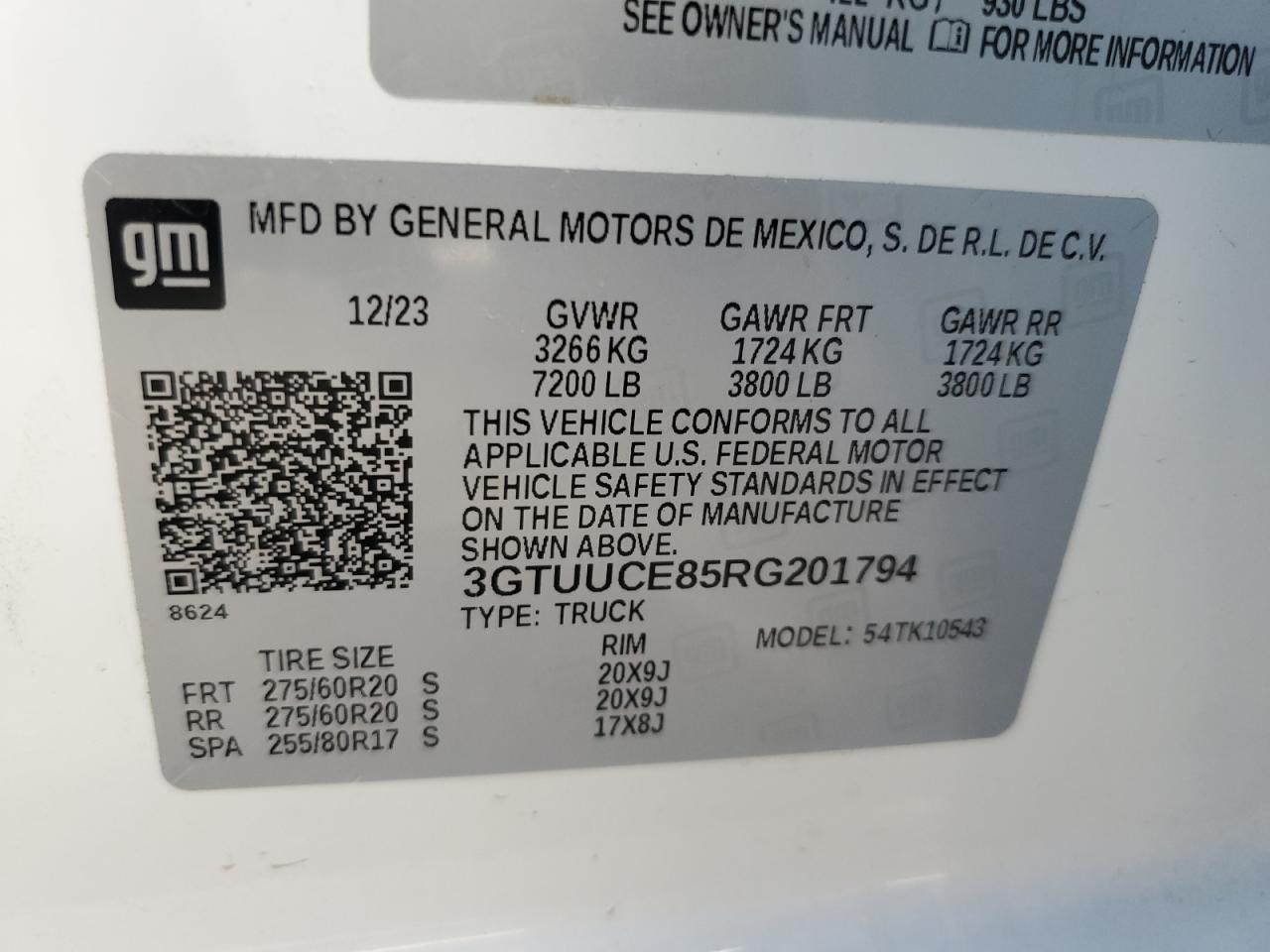 2024 GMC SIERRA K1500 ELEVATION VIN:3GTUUCE85RG201794