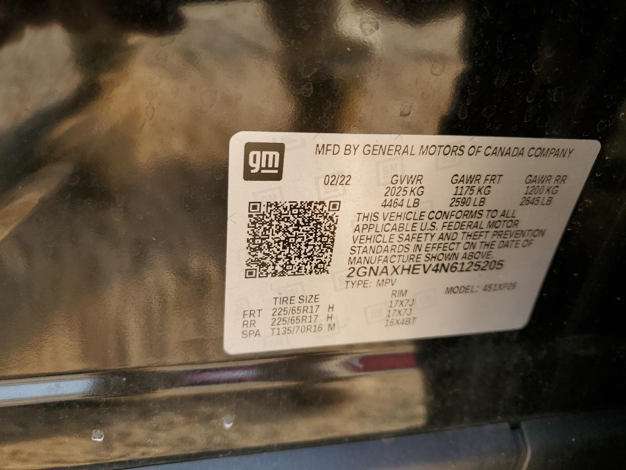 2022 CHEVROLET EQUINOX LS VIN:2GNAXHEV4N6125205