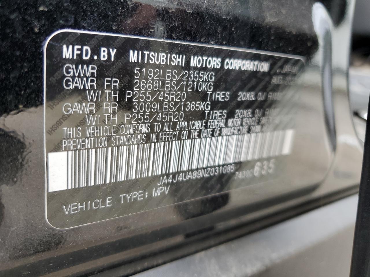 2022 MITSUBISHI OUTLANDER SE VIN:JA4J4UA89NZ031085
