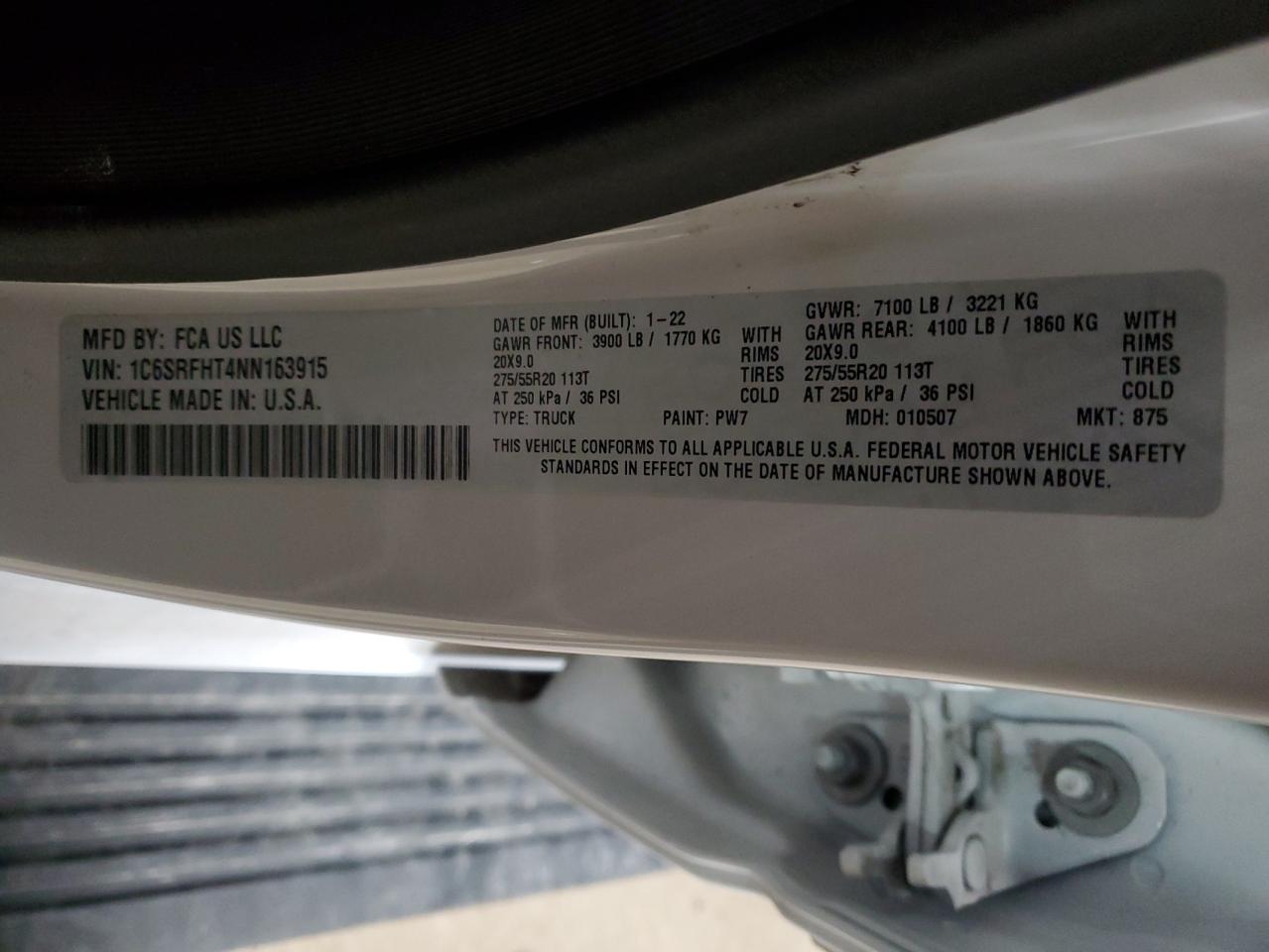 2022 RAM 1500 LIMITED VIN:1C6SRFHT4NN163915