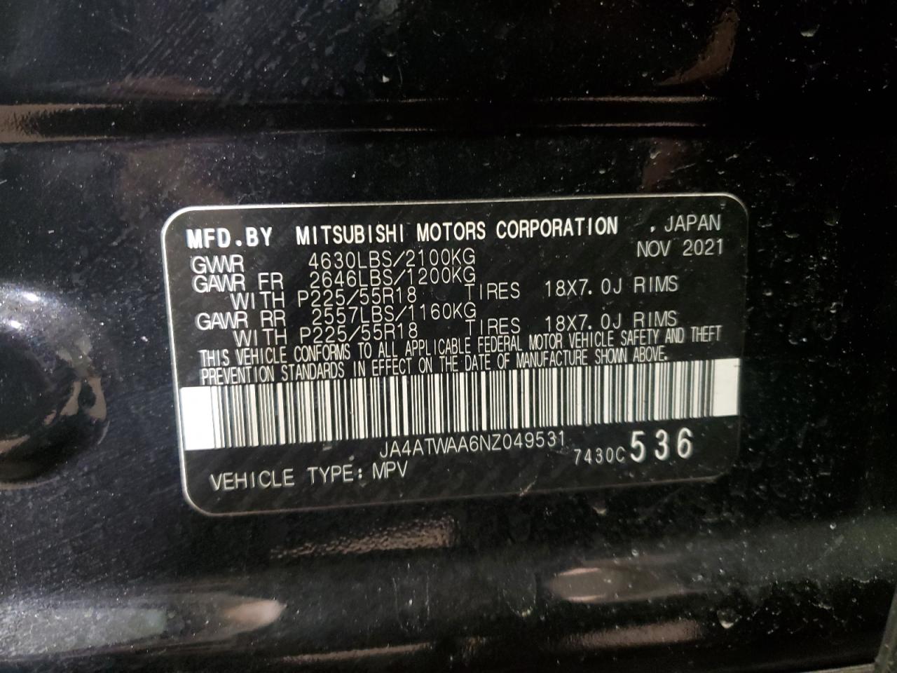 2022 MITSUBISHI ECLIPSE CROSS SE VIN:JA4ATWAA6NZ049531