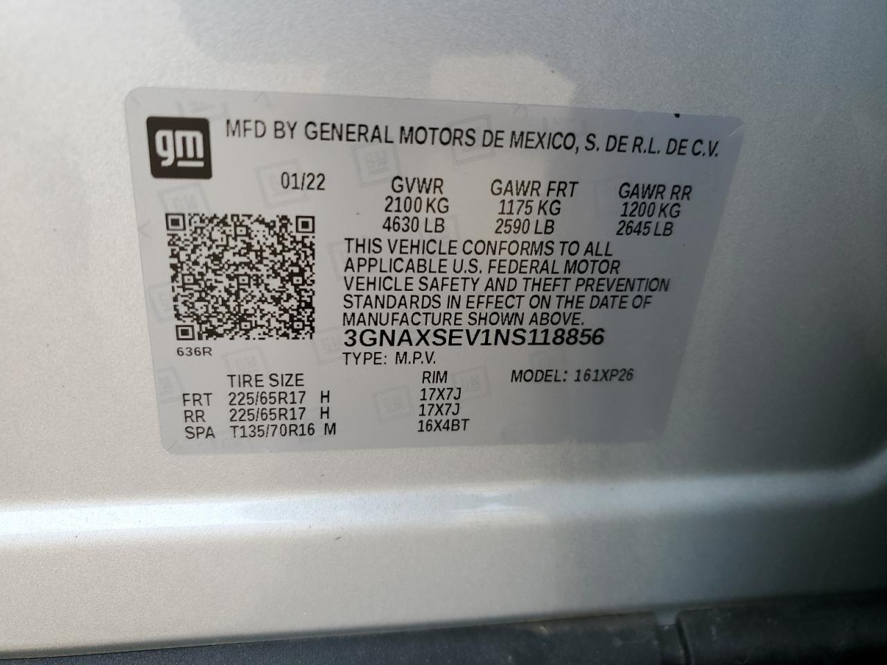 2022 CHEVROLET EQUINOX LS VIN:3GNAXSEV1NS118856