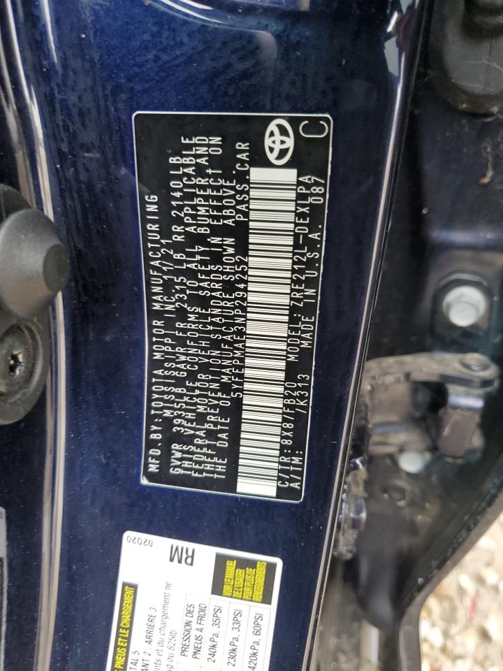 2022 TOYOTA COROLLA LE VIN:5YFEPMAE3NP294252