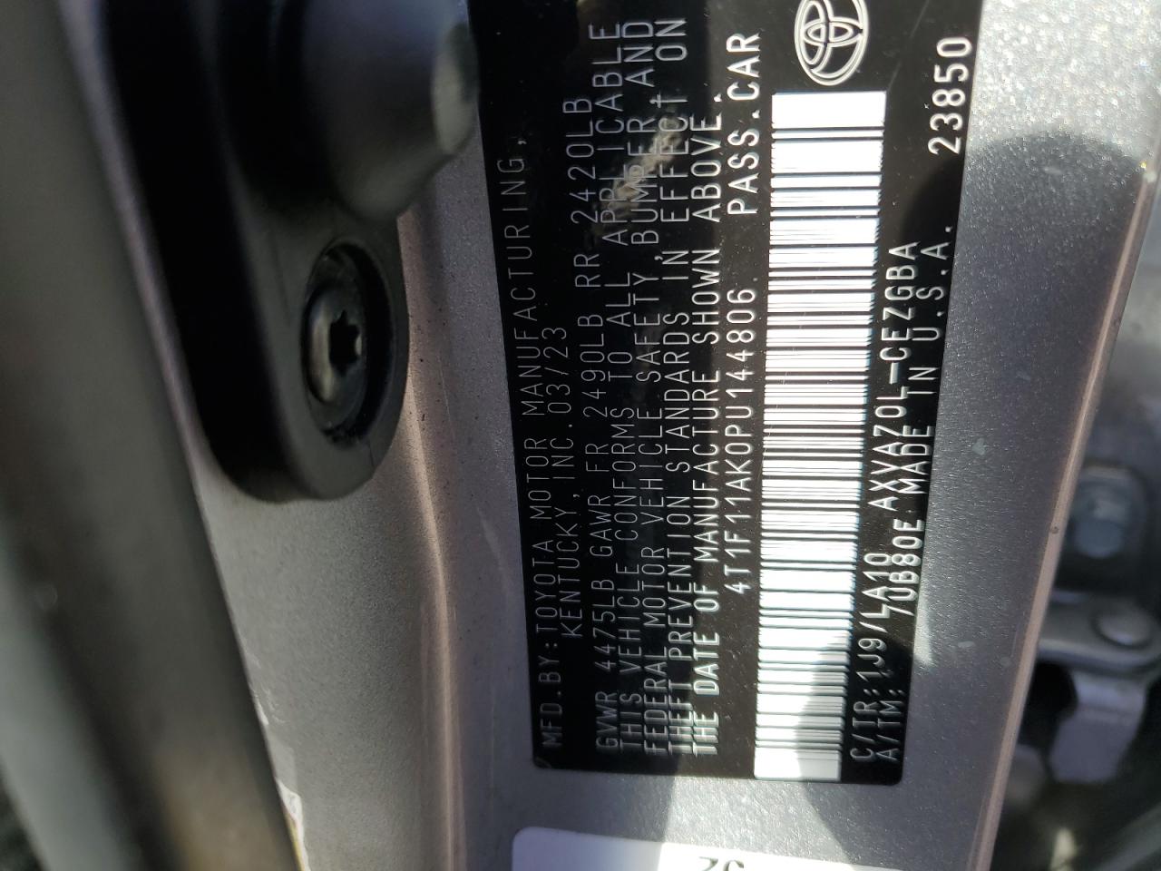 2023 TOYOTA CAMRY XLE VIN:4T1F11AK0PU144806