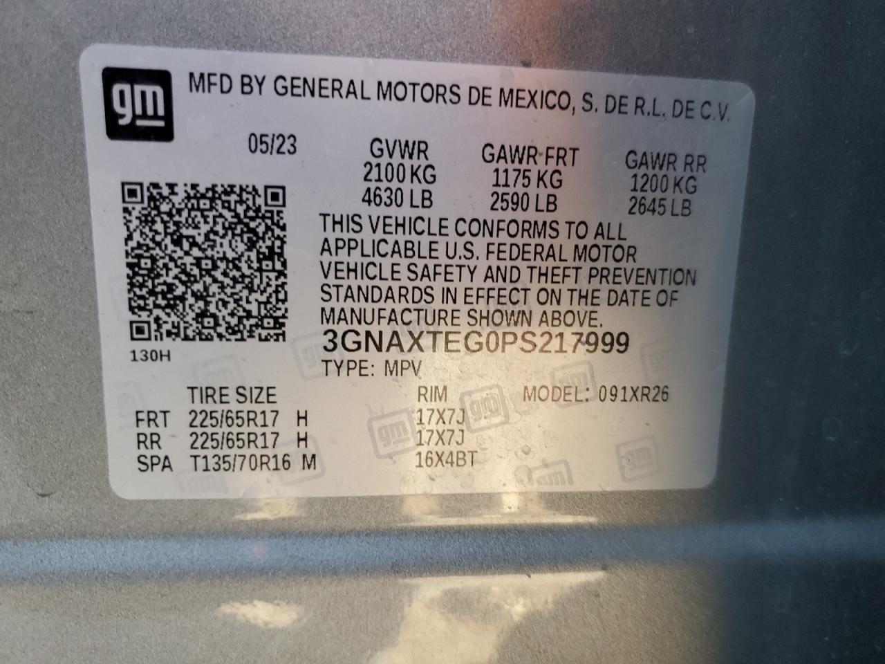 2023 CHEVROLET EQUINOX LT VIN:3GNAXTEG0PS217999