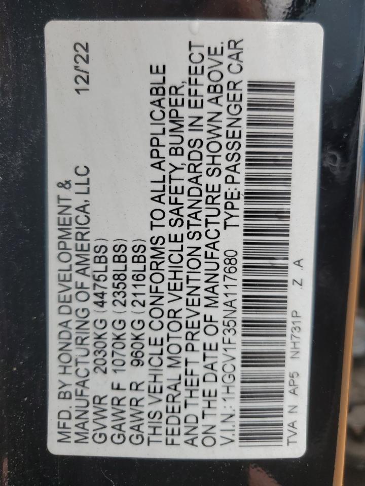 2022 HONDA ACCORD SPORT VIN:1HGCV1F35NA117680